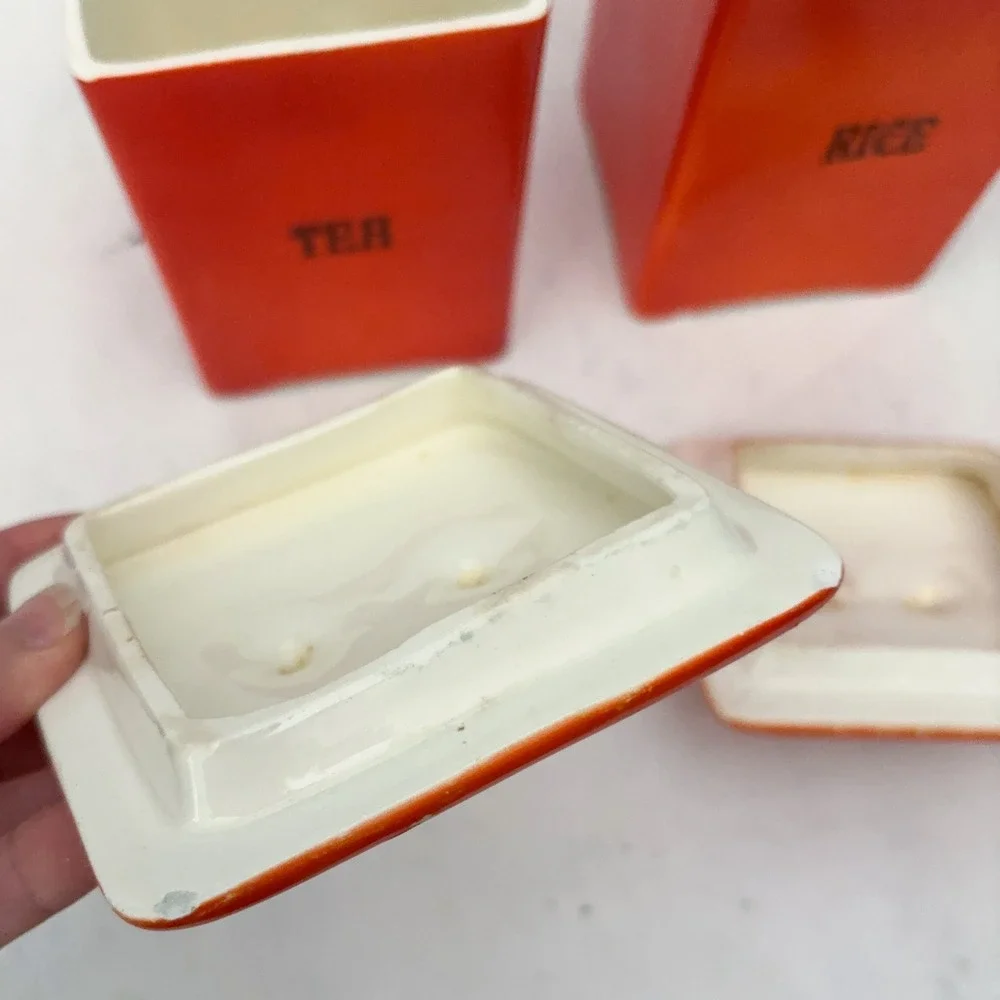 VTG Tea Rice Orange Ceramic Canister Set MCM Retro Czechoslovakia